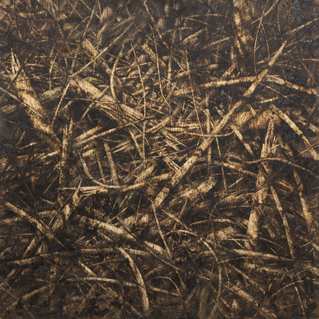 o. T., 2018, Schleifpapier und Stechbeitel auf gebrannter Grobspanplatte, 205 x 205 cm | untitled, 2018, sandpaper and wood chisel on burned OSB, 205 x 205 cm