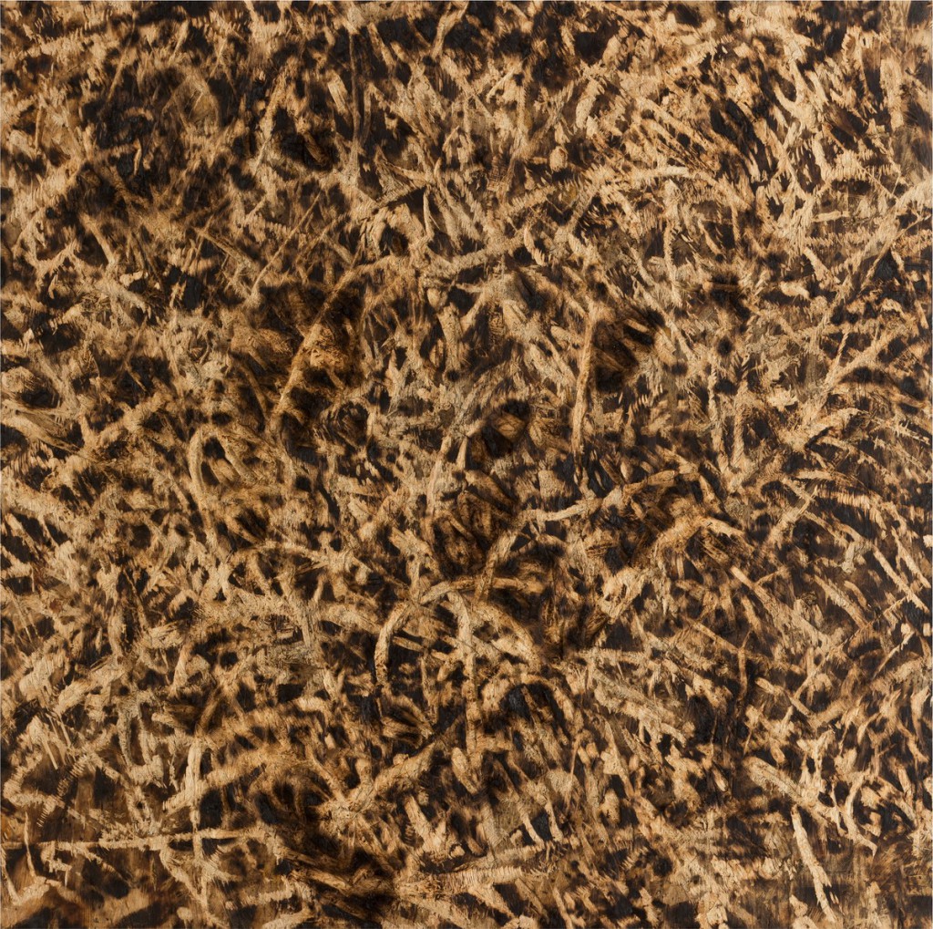 o.T., 2018, Grobspanplatte gebrannt und gesägt, 99,5 x 99 cm  | untitled, 2018, burned and sawn OSB, 99 x 99, 5 cm