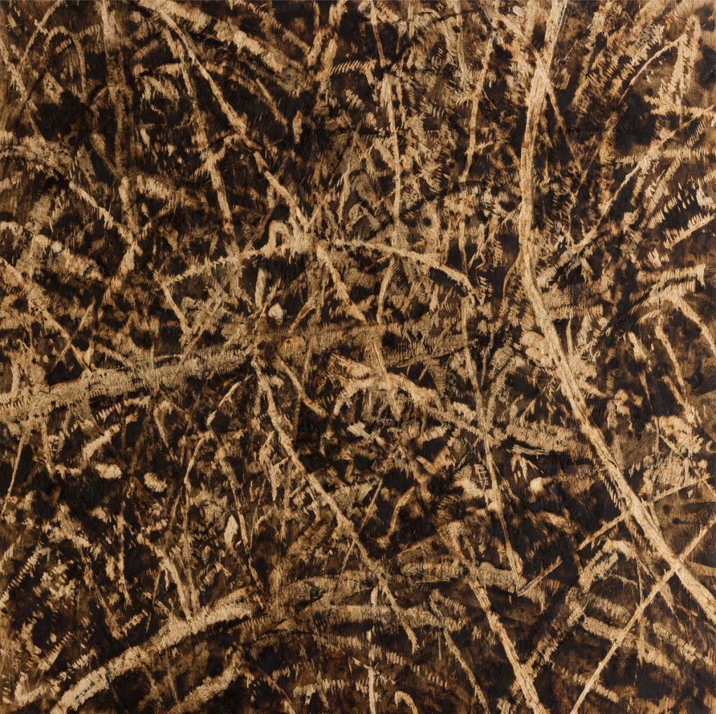 o.T., 2018, Kohle auf gebrannter und gesägter Grobspanplatte, 99,5 x 99 cm  | untitled, 2018, charcoal on burned and sawn OSB, 99 x 99,5 cm
